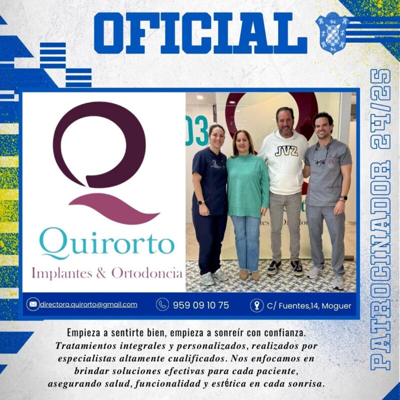 Banner de patrocinio OFICIAL 24/25 de la clínica Quirorto, mostrando su logo y a cuatro personas (dos miembros del personal y dos clientes) sonriendo en la clínica, con información de contacto.